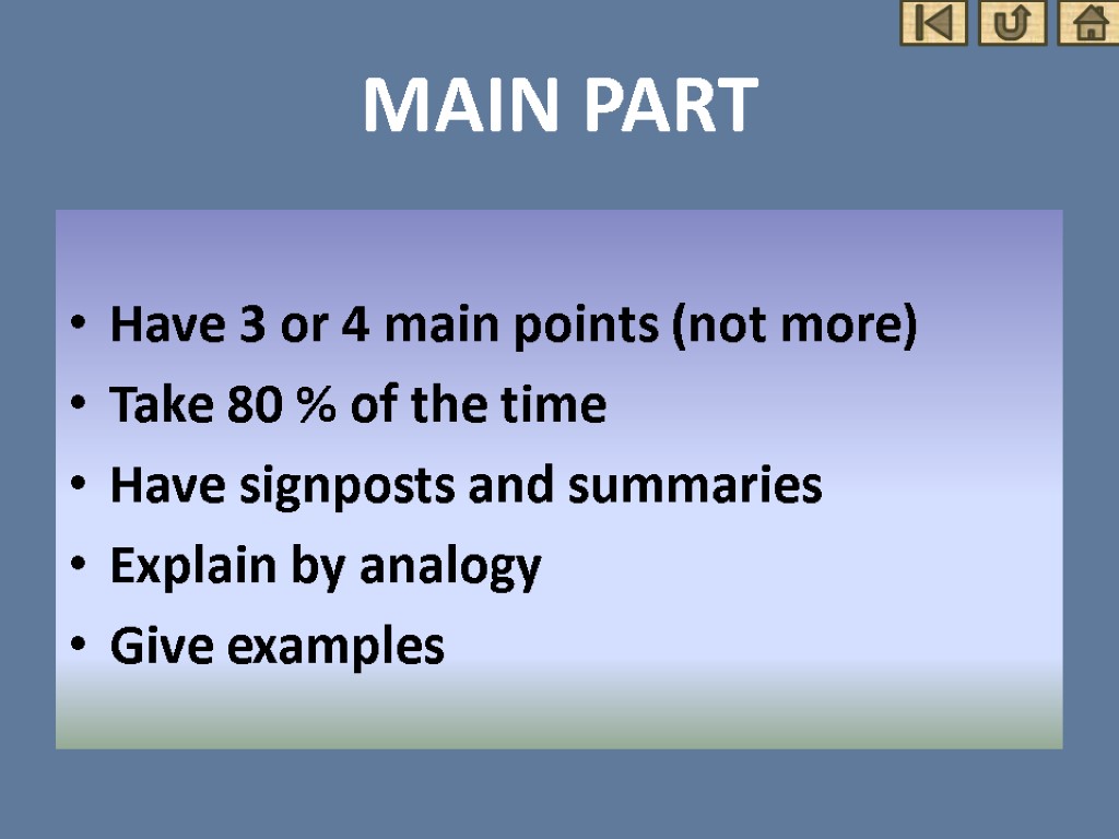 MAIN PART Have 3 or 4 main points (not more) Take 80 % of